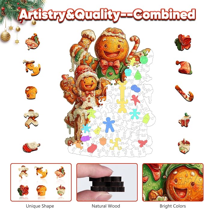 Leodozzio Christmas Wooden Puzzles for Adults & Kids, Gingerbread Family Puzzle 200 Pieces, 5MM Unique Shape Winter Jigsaw Wood Puzzle for Grandkids, Holiday Decoration Gifts, Family Game, 9x12.2 in
