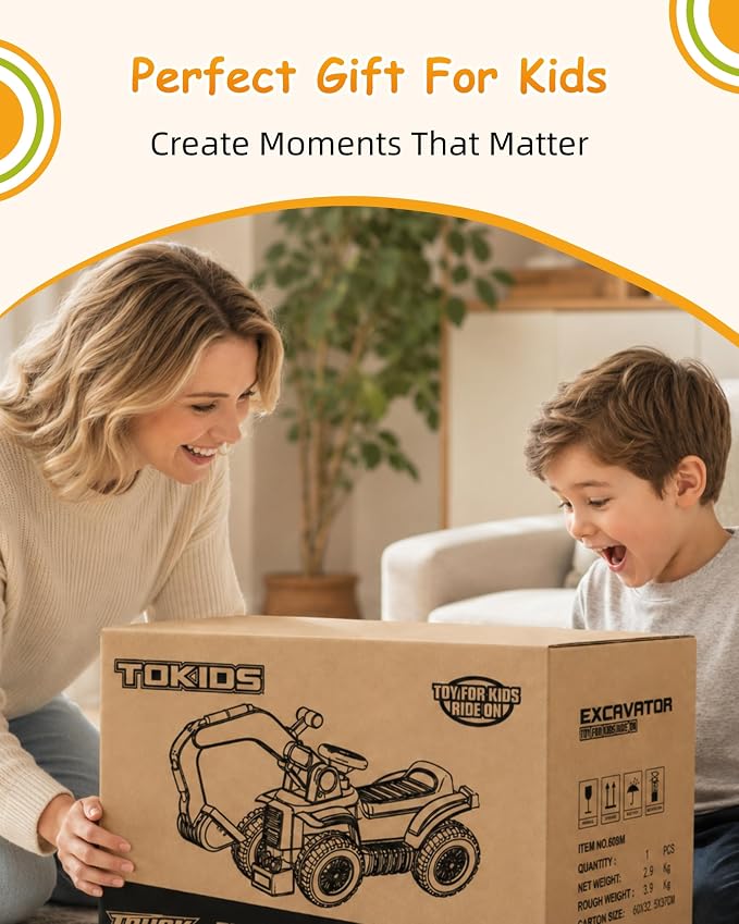 Kids Excavator Ride On Toys for Boys and Girls 2+ Years, Foot-to-Floor Ride On Excavator with Sounds, Steering Wheel, Storage, Toy Hard Hat and 3 Rocks