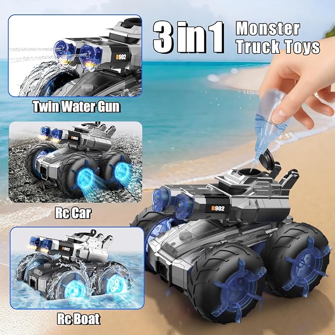 3-in-1 Remote Control Car RC Boat & Water Gun Amphibious Remote Control Car 4WD All-Terrain RC Cars Gesture Sensing Rc Stunt Car RC Trucks Toys Birthday Gifts for 8 9 10 11 12 Year Old Boys