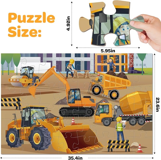 Jumbo Floor Puzzle for Kids, 48 Piece Large Construction Vehicle Jigsaw Puzzles for 3 4 5, Toddler Learning Preschool Educational Toys for 4-8, Birthday for Boys Girls