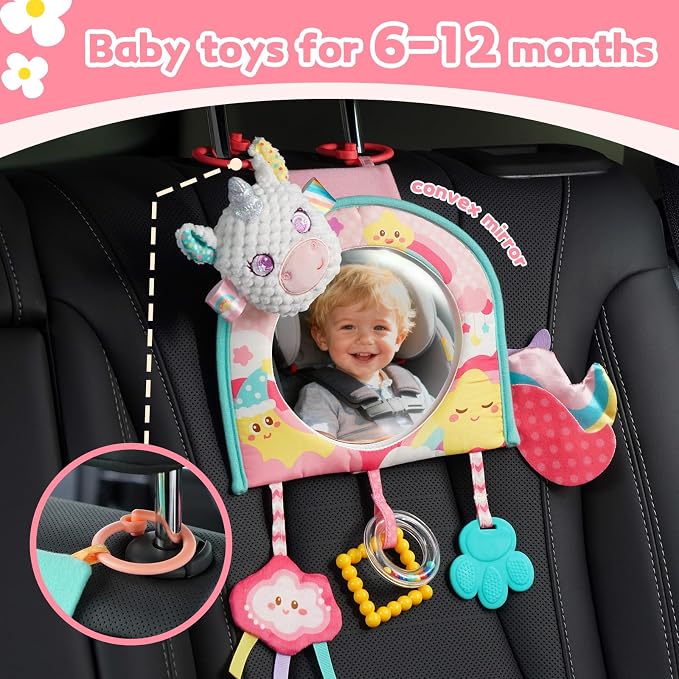 Koty Car Seat Toy - Kick and Play Activity Center with Mirror,Teether and Crinkle, Fun Travel Baby Toy for Rear Car Seat, Easier Drive with Newborns, Babies, Hanging Toys for Infants 0-6-12-18 Months