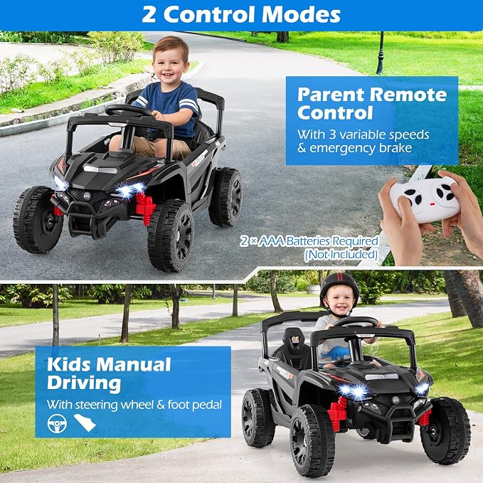 Costzon 12V Kids UTV Ride On Car, Battery Powered Electric Vehicle with Remote Control, 3 Speeds, LED Lights, Music, Horn & Spring Suspension, Off-Road UTV for Boys & Girls 3+ Years Old (Black)