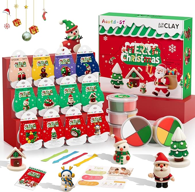 Air Dry Clay Kit - Christmas Theme, Modeling Clay for Kids, DIY Magic Clay with Sculpting Tools and Tutorials,12 Boxes Molding Clay, Ultra Light, Soft & Non-Sticky, Arts and Crafts Gift for Kids