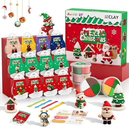 Air Dry Clay Kit - Christmas Theme, Modeling Clay for Kids, DIY Magic Clay with Sculpting Tools and Tutorials,12 Boxes Molding Clay, Ultra Light, Soft & Non-Sticky, Arts and Crafts Gift for Kids