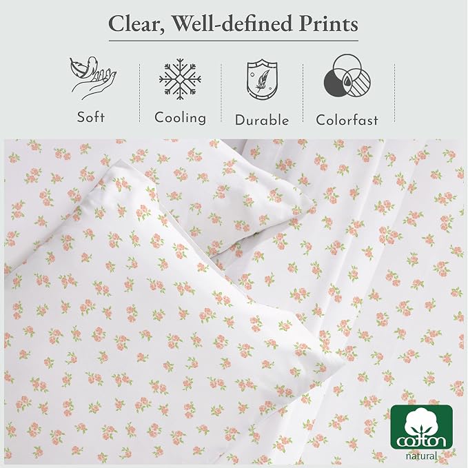 California Design Den Twin Floral Sheet Set, 100% Cotton 12" Pocket Twin Sheets & Pillowcase Set, Soft Sateen Weave - Chic Floral