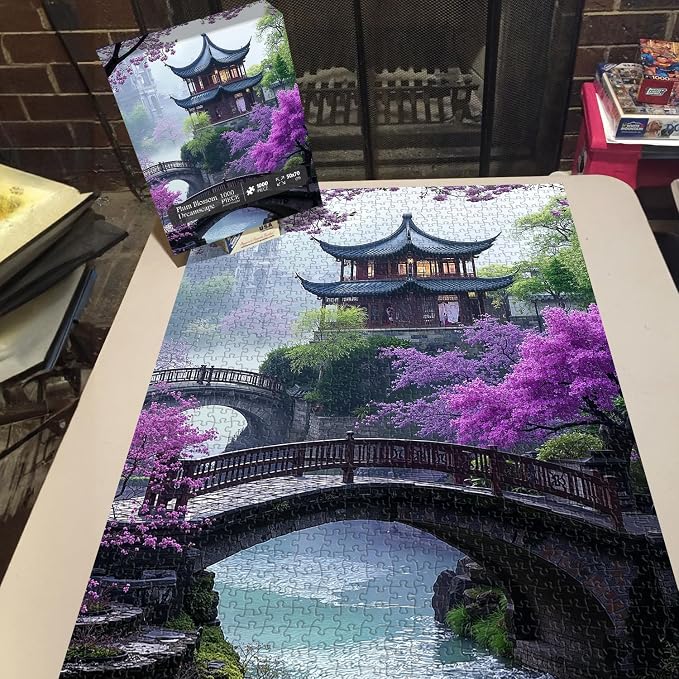 PICKFORU Plum Blossom Dreamscape Puzzles for Adults 1000 Pieces, Vintage Flower Tree Scenery Puzzles, Impossible Unique Lake Park Theme as Home Decor