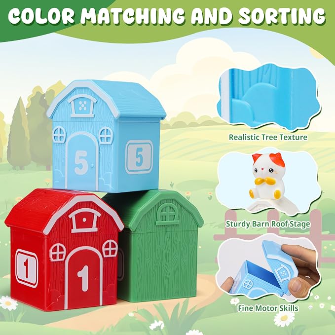 Montessori Toys for Toddlers, 20Pcs Farm Animal Toy Counting, Matching, Sorting Preschool Learning Toy Barn Toy including 10 Barns,10 Finger Puppets and 2 Stickers Birthday Gift Baby Boys Girls