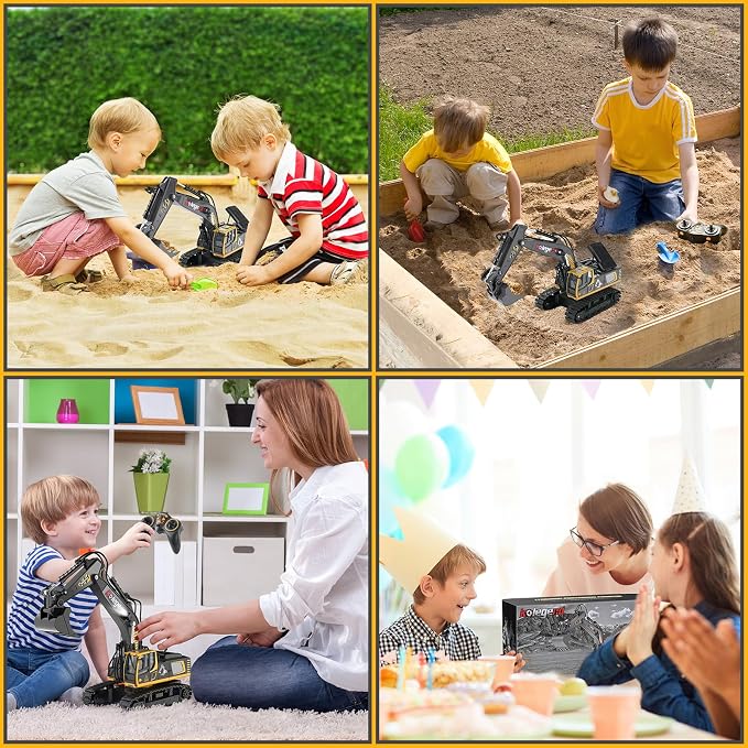 kolegend 1:18 RC Excavator Toys for Boys Metal Bucket Remote Control Excavator 2-Pack Batteries for Non-Stop Digging 2.4Ghz RC Construction Toy with Lights & Learing Cards, Gift for Age 6-10
