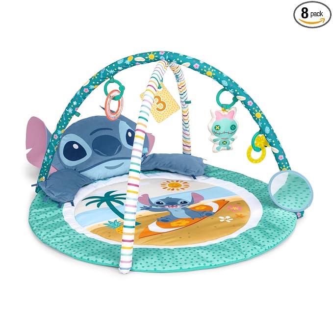 Bright Starts Disney Baby Stitch Party in Paradise Play Gym & Mat, Includes 5 Take Along Toys with Removable Stich Plush, Ages 0M+