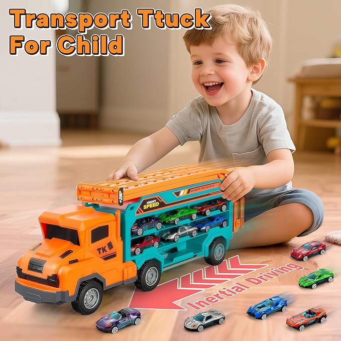 Kids Toys for 3 4 5 6 7 8 Years Old Boys, Carrier Truck Transport Car Toys, Foldable 2 Layer Car Race Track Playset with 25-in Race Track, 6 Metal Toy Cars, Birthday Toy Gift for Toddler-Orange