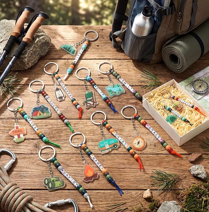 Landical 564 Pcs Camper Keychain Making Kit DIY Name Bead Key Chain Craft Camping Party Favors Adjustable Letter String Men Women Travel Trailer Gift Alphabet Jewelry Camping Accessories (Earth Color)