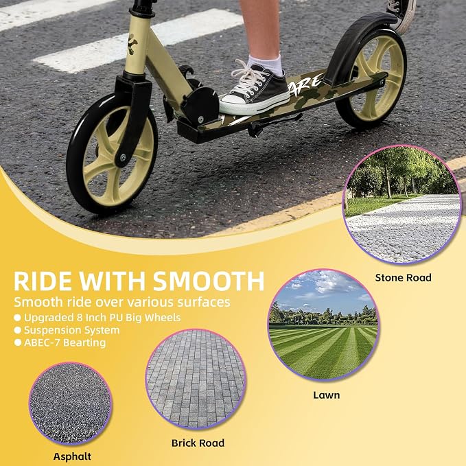 FREEDARE Kick Scooter for Kids & Adults Ages 8+, Foldable Teen Scooter with 2 Big 8-inch Wheels and 4-Level Adjustable Handlebar, Max Load 220 LBS
