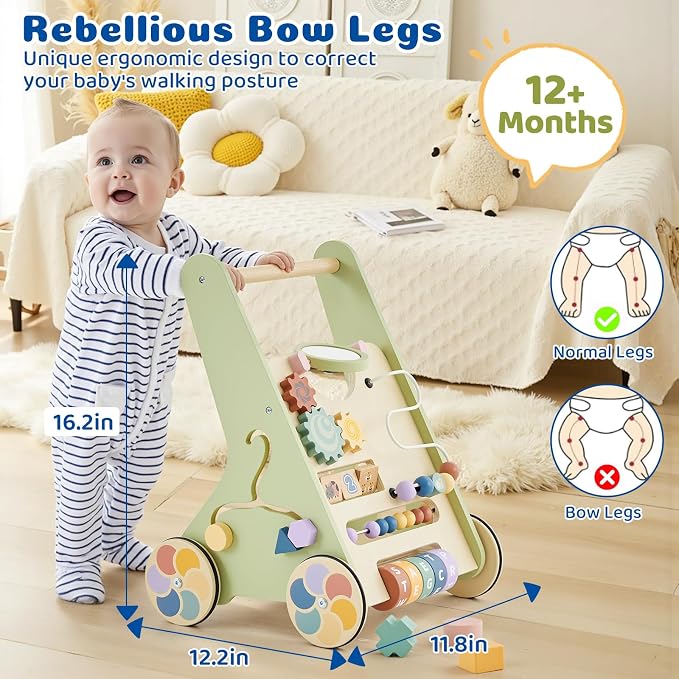Wooden Baby Push Walker, Montessori Activity Walker for Babies 12-18 Months | Adjustable-speed wooden baby push walker with Montessori activities, storage box, and safe rubber wheels.