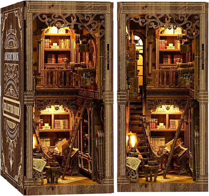 Book Nook Kit for Adult Miniature Model Build Dollhouse Kit 3D Wooden Puzzle with Sensor Led Light for Bookshelf Bookend Decor Adults Teen Craft(Classical Book Collection Room), 1Pack