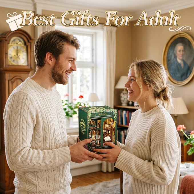 Fsolis Book Nook Kit - DIY Booknook Bookshop（OWL Bookstore） | Miniature House 3D Wooden Puzzles for Beginners, 139 Wood Pieces, Bookshelf Building with Light, Gifts for Book Lovers