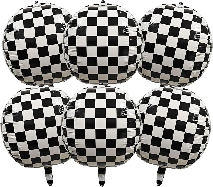 6PCS 22 Inch 4D Black and White Checkered Round Foil Balloons for Race Car Birthday Party Flag Decorations Supplies
