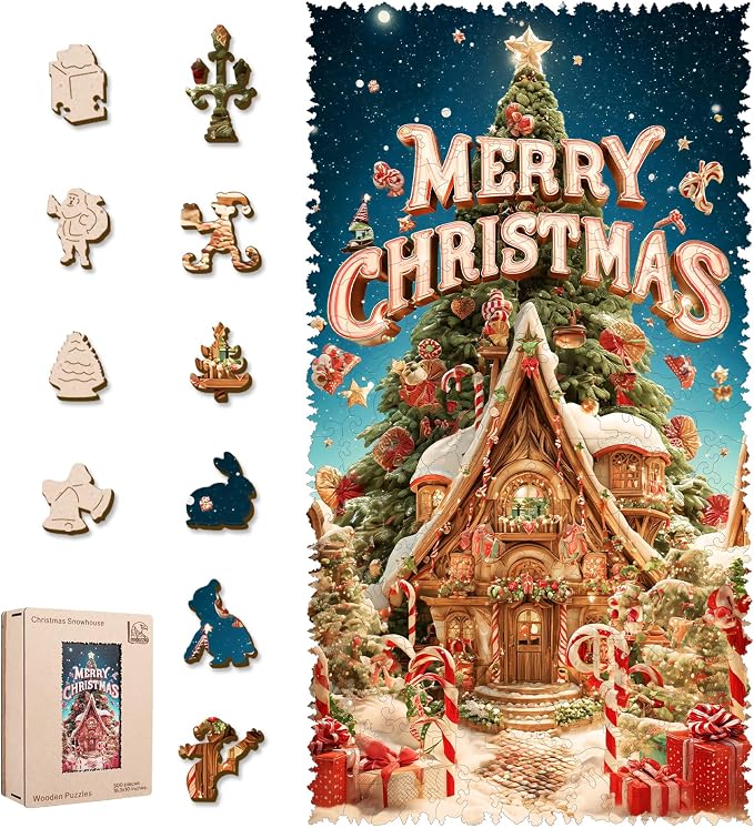 Leodozzio Christmas Tree Snowhouse Wooden Puzzles for Adults 500 Pieces, 5MM Unique Winter Shape Jigsaw Puzzle for Grandkids, Holiday Decoration Gifts, Family Game,10x18.3 in