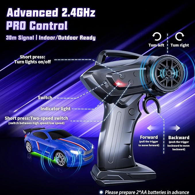 Mini RC Drift Car 1:64 Scale, Remote Control Car with LED Lights & 2-Speed Modes, 2.4GHz Stunt Drifting RC Toys with 4 Obstacles & Track Mat, Hobby Gift for Kids & Adults, Blue