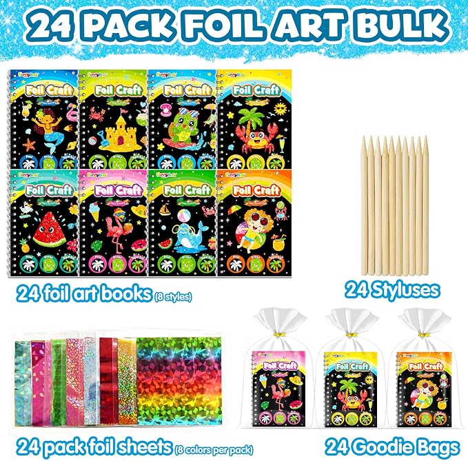 FUNNYB&G Foil Art Party Favors for Kids - 24 Pack Foil Art Crafts Kits Coloring Books, Goodie Bag Stuffers Party Favors for Kids 4-8 8-12, Bulk Birthday Classroom Prizes Girls Boys Gifts (Summer)