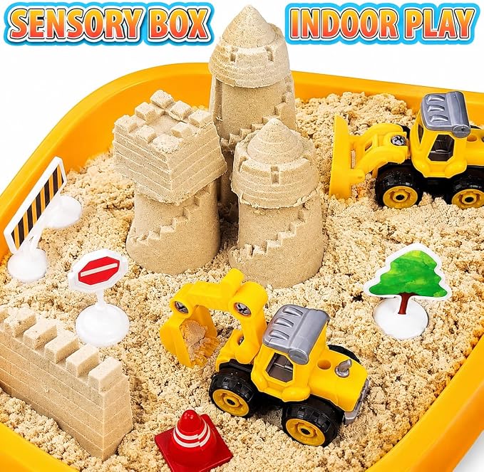 Carolart Construction Sensory Bin, Mess-Free Sandbox Playset with Glow in The Dark Stones, Play Sand with Toy Excavator and Bulldozer, Sensory Sand Activity Kit, STEM Gift for Boys Girls Ages 3-8
