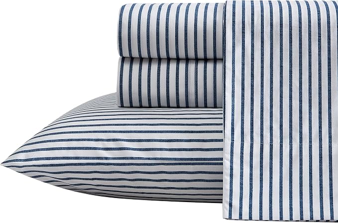 Nautica- Full Sheet Set, Cotton Percale Bedding Set, Crisp & Cool, Lightweight & Breathable (Harmead Navy, Full)