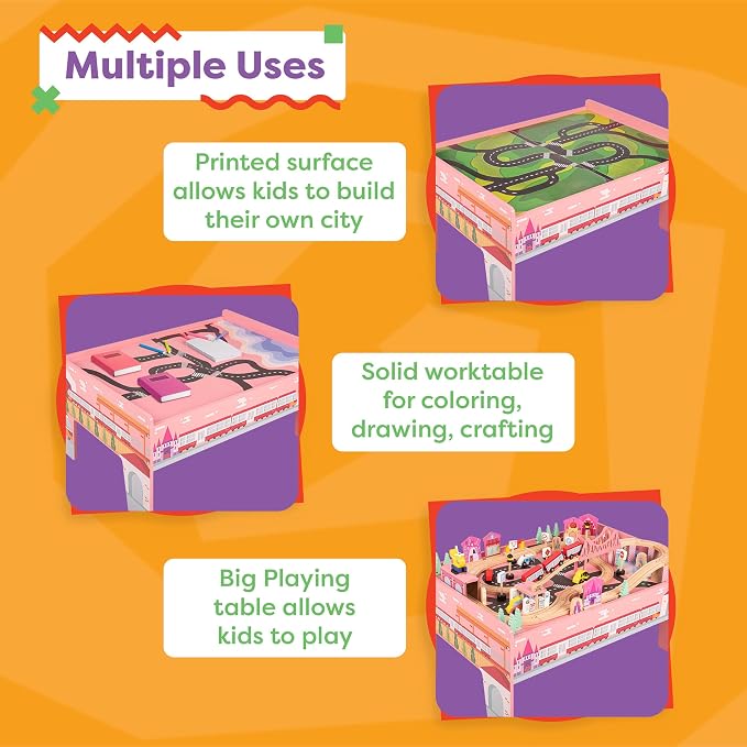 Wooden Train Set with Train Table - 75PC Play Set with Tracks, Vehicles, Buildings, Illustrated Play Surface, and Activity Table by Hey Play (Pink)