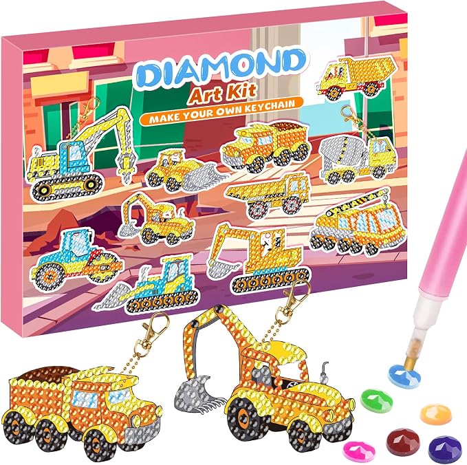 Labeol Arts and Crafts for Kids Ages 8-12 - Creat Your Own GEM Keychains-5D Diamond Art by Numbers GEM Art Kits for Kids Girls Toddler Crafts Age 6-7 6-8 10-12 (Engineering Vehicles)