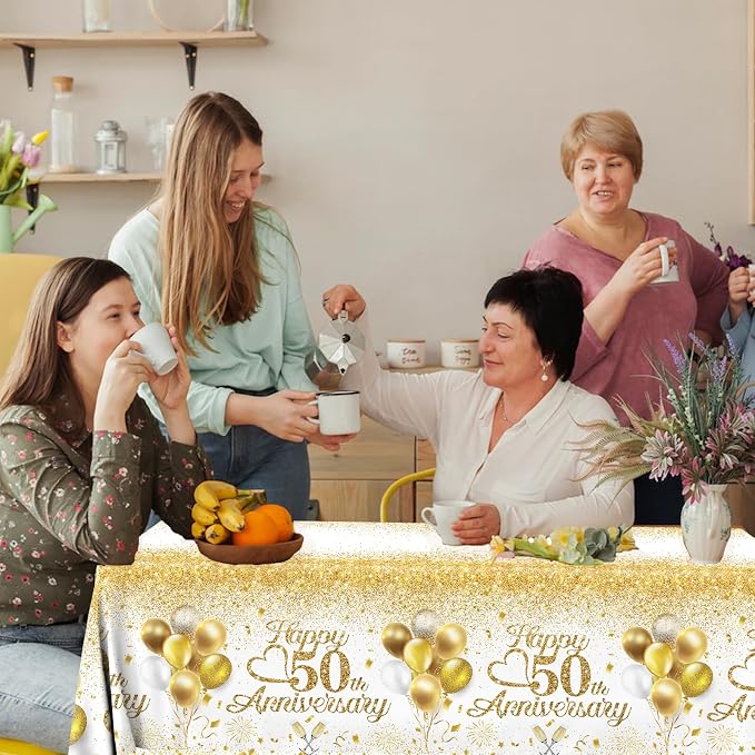 Happy 50th Anniversary Table Cloth,50 Year Anniversary Decorations 3Pcs White and Gold Tablecloth Waterproof Rectangular Table Cover for 50 Year Old Birthday Party Supply
