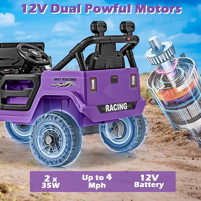 OLAKIDS Ride on Truck, 12V Battery Powered Electric Vehicle for Kids with Remote Control, Bluetooth, Power Display, LED Lights, Music Player, Ride on Toy for 3+ Boys Girls (Purple)