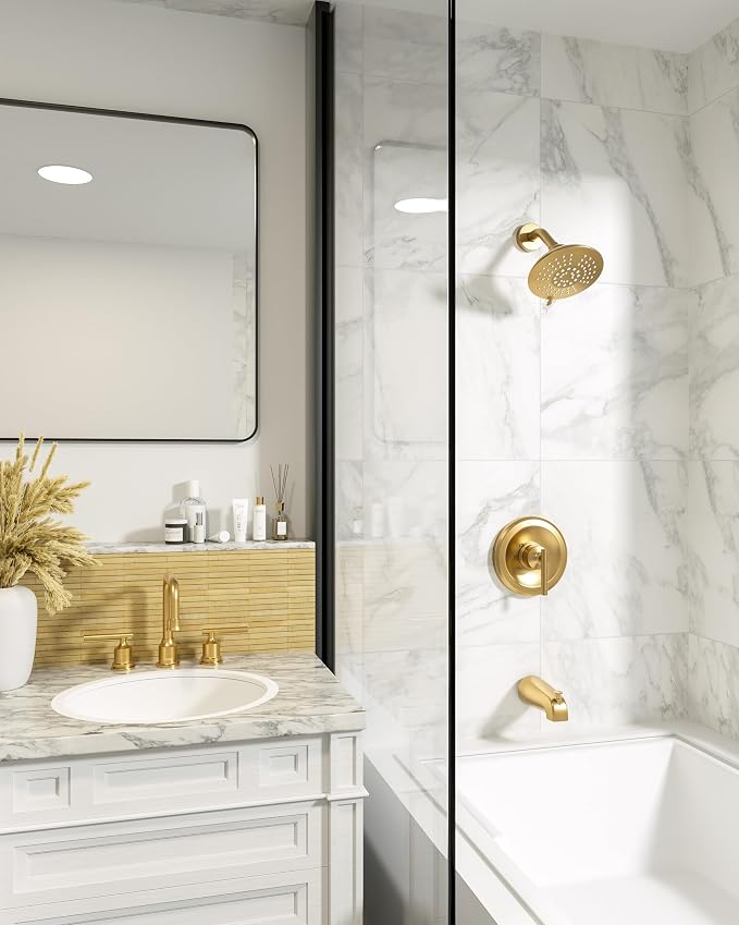 Shower Tub Faucet Set Gold, WOWOW Bathroom Shower Trim Kit with 6-Inch Rain Shower Head and Tub Spout, Single Handle Shower Combo Brushed Gold (Valve Included)