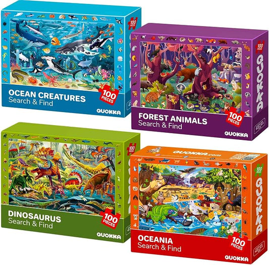 QUOKKA 100 Piece Puzzles for Kids Ages 4-6 - 4 Jigsaw Puzzles for Kids Ages 6-8 - Search and Find Game with Animals, Dinosaurs for Childrens 5-8 - Learning Educational Toys for Boys and Girls 8-10