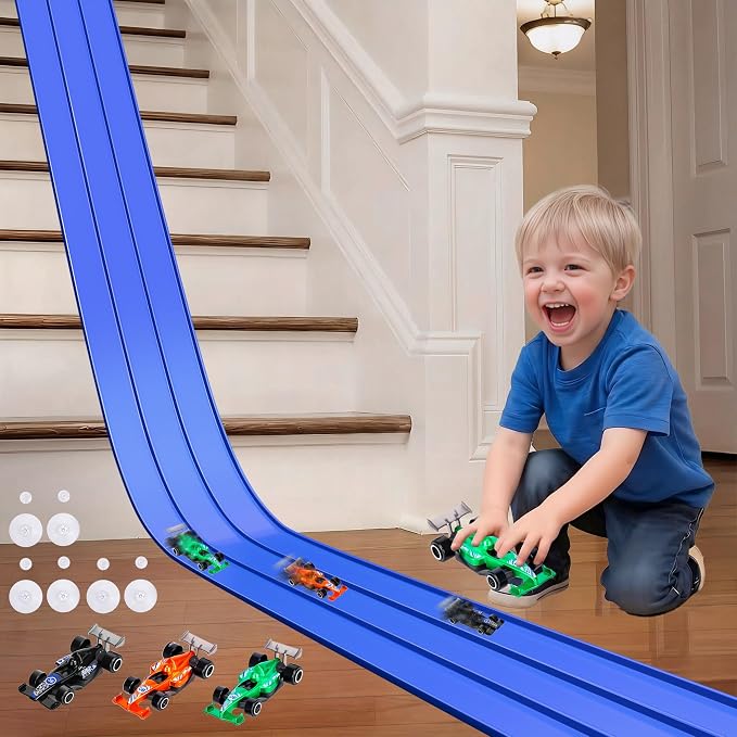 3-Lane Flexible Race Track for Kids with Suction Cups, Race Car Ramp Track & 15ft Race Car Track Compatible 1:64 Diecast Cars,Portable Roll Up Track Toy,Gift Race Track for Kids 3+ (Blue)