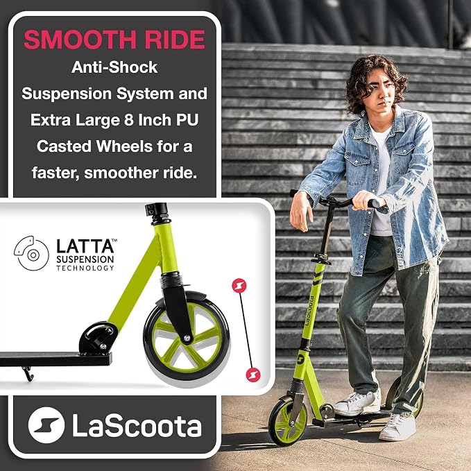 LaScoota Kick Scooter for Kids Ages 6+, Teens & Adults, Large 8" Sturdy Urethane Wheels. Adjustable Handlebar, Lightweight, Foldable, 220lbs Max Load