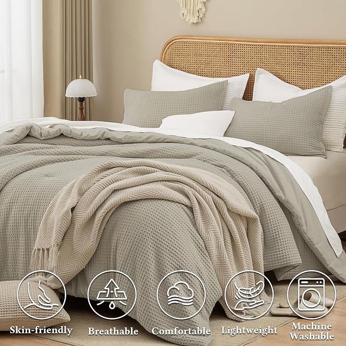 David's Home Waffle Weave Comforter Set 3PCS King Size, Soft Breathable Lightweight Cozy Skin-Friendly Warm for All Season, Elegant Aesthetic Home Decor Bedding Set with Pillow Shams, Taupe