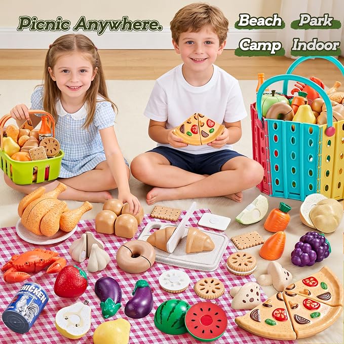 86Pc Wheat Straw Play Food for Kids Kitchen-Toy Food with 2 Baskets & Picnic Blanket, Realistic Cutting Pizza, Grocery Cans, Pretend Play Kitchen Accessories & Toddler Toys for Boys Girls 3+