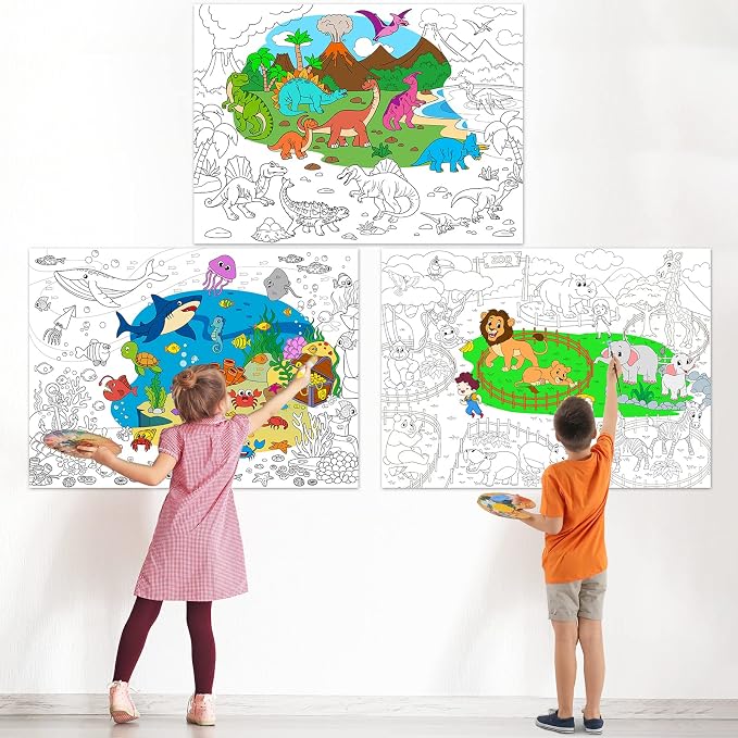 Set of 3 Coloring Posters for Kids Giant Coloring Poster Large Animal Ocean Dinosaur Coloring Tablecloth Jumbo Coloring Books for kids Classroom Home Birthday Party Supplies Favor 31.4 x 43.3 Inch