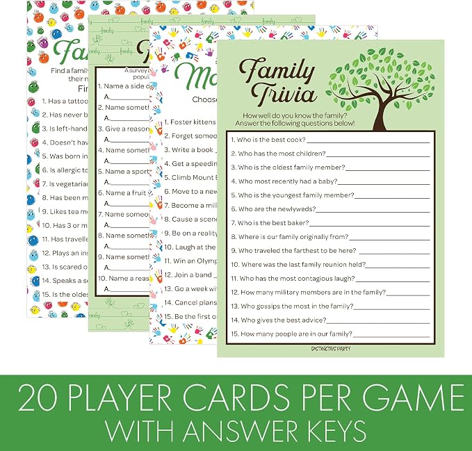 DISTINCTIVS Family Reunion Game Pack - Family Trivia, Most Likely to, Family Feud & Find the Family Member - 4 Game Set for 20 Guests