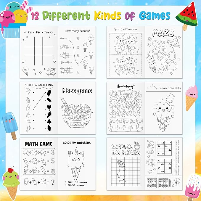 Ice Cream Activity Books for Kids 24Pcs Summer Ice Cream Mini Games Coloring Book Set Bulk Mazes Word Search Word Scramble Games for School Classroom DIY Art Gifts Summer Holiday Party Favors