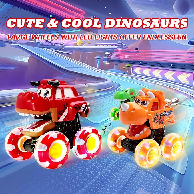 Monster Truck Toy for Kids Toddlers 1-3, Light up Wheels Dinosaur Car Toys, Baby Toy - Press and Go Dinosaur Trucks,Pull Back Vehicle Set for 2 3 4 Year Old Boy Birthday (3 Packs)