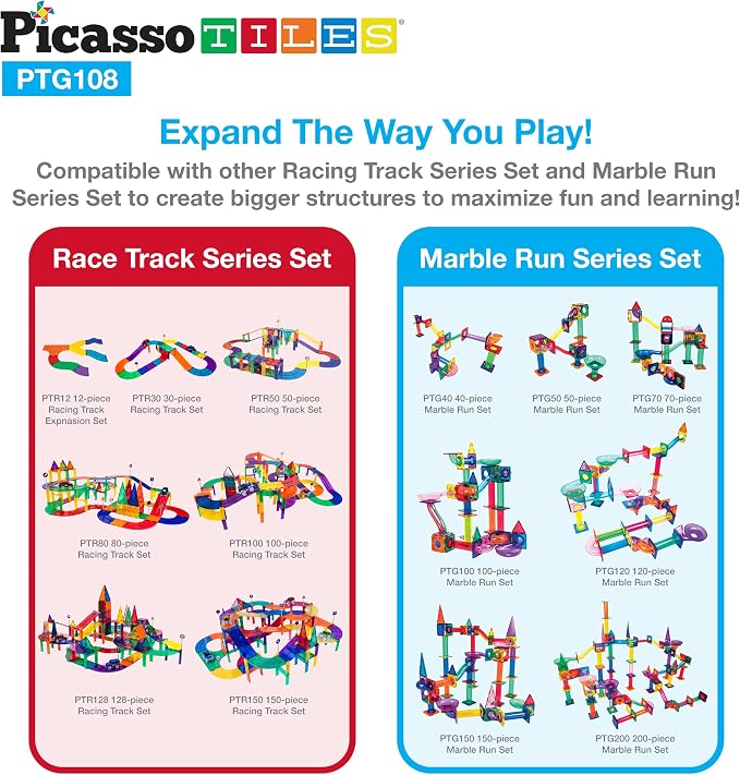 PicassoTiles 108PC Marble Run + 30PC Magnetic Race Car Track Fun & Creative Playset: STEAM Learning, Enhance Construction Skills, Hand-Eye Coordination and Fine Motor Skills, Gift for Boys and Girls