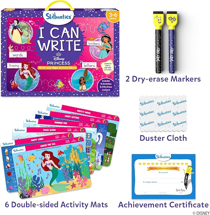 Skillmatics I Can Write Disney Princess - Reusable Preschool Learning Activities, Educational Toys & Games, Handwriting Aid, Back to School, Screen-Free Fun, Gift for Students, Kids, Toddlers Ages 3-6