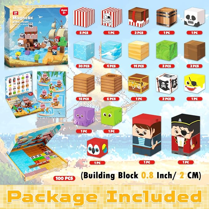 ToyUnited Magnetic Blocks - 100PCS Build Pirate-Ship World Set - Magnetic Building Cube Stacking, STEM Montessori Sensory Toys for Kids Boys Girls Ages 3 4 5 6 7 8 9 10 Easter Birthday Gifts