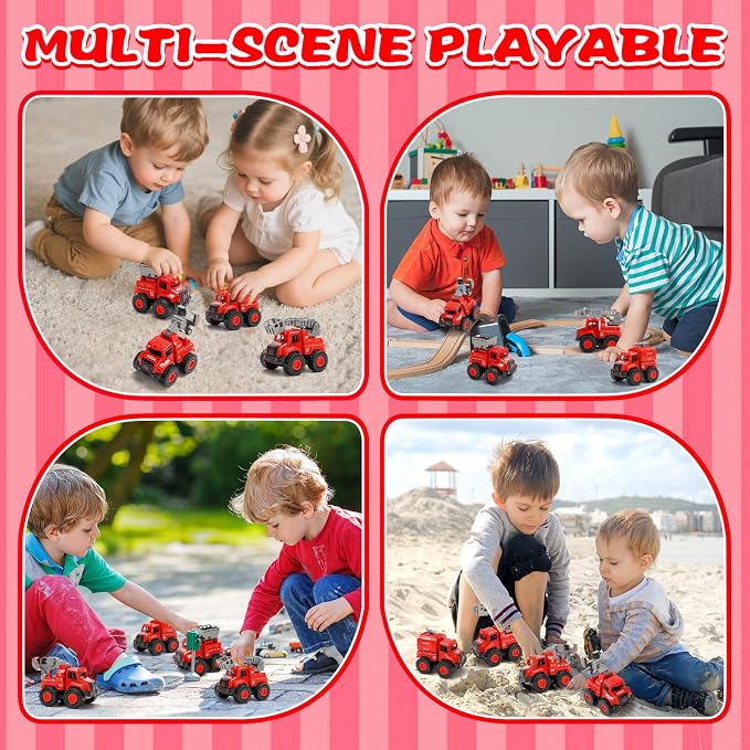 4 Pack Friction Powered Fire Truck Toys, Push and Go Emergency Vehicle Set with Ladder, Water Tank, Rescue & Drill Trucks, Durable Play Trucks for Toddlers 1-5, Gift for Boys Girls