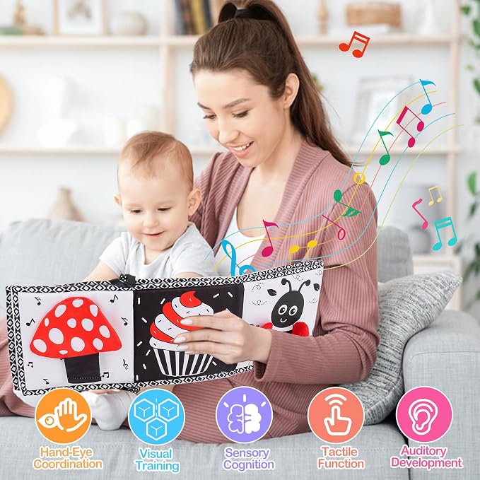 Black and White High Contrast Toys for Baby 0-3 3-6 months Infant Tummy Time Soft Book Sensory Musical Toy 0-2-4-6 month Babies Brain Development Crinkle Book Mirror Newborn Shower Gifts Boys Girls