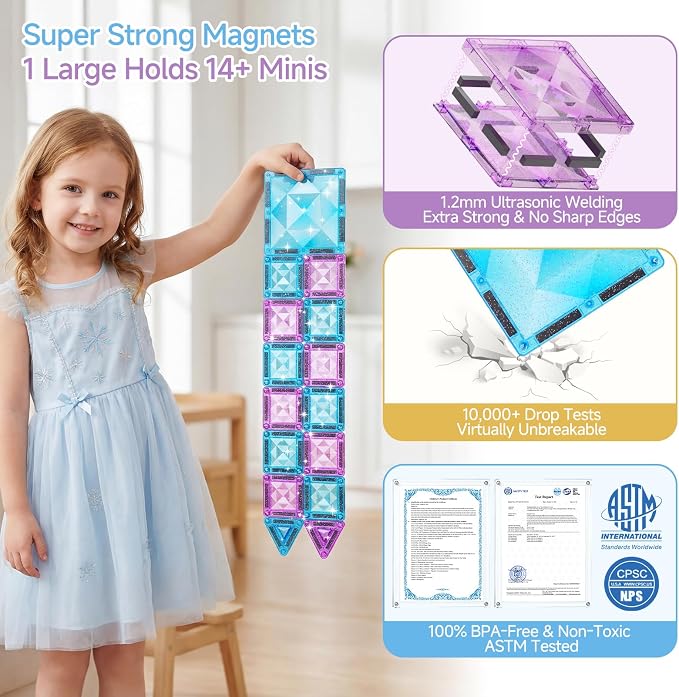 burgkidz Magnetic Travel Tiles for Kids 3-8: 42PCS Large & Small Ice Blue Purple Glitter Blocks – 2-in-1 Storage & Base – 90+ Min Quiet Play, 300+ Builds, 30s Cleanup – Car & Plane Toys for Girls