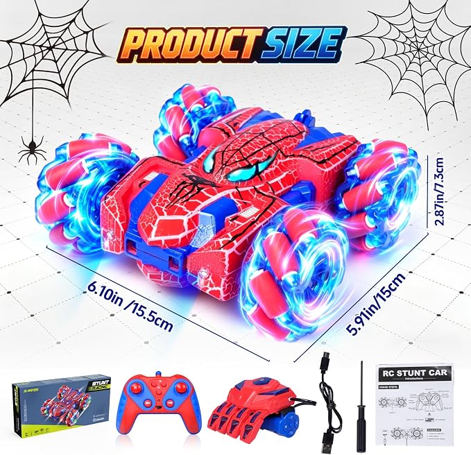 Spider Gesture Sensing Remote Control Car, 2.4GHz Hand Controlled RC Cars with full-Body Light, Double Sided 360° Rotating Rechargeable RC Stunt Car Birthday Gift Toys for Boys 4 5 6 7 8 9 10 11 12
