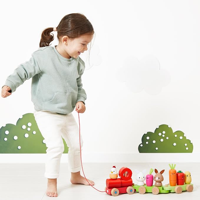 Janod - Wooden Pull-Along Train - Farm Theme - 3 Wagons and 19 Pieces - Early Learning Pull-Along Toy - Wood and Water-Based Paint - Develop Fine Motor Skills - from 12 Months, J03314