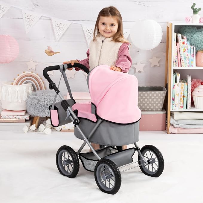 Bayer Design Baby Doll Stroller & Doll Pram for Kids Ages 2-8, Adjustable Handle, Grey/Pink