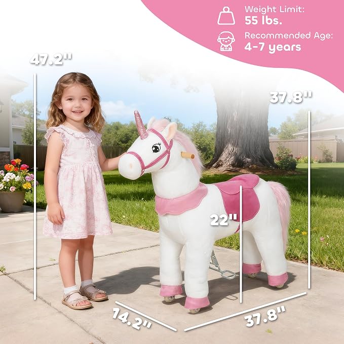 Qaba Ride on Horse for Kids 4-7 Years, 37.8 Inch Height Plush Riding Unicorn, Walking Horse Animal with Rolling Wheels for Active Play, No Batteries Required, White