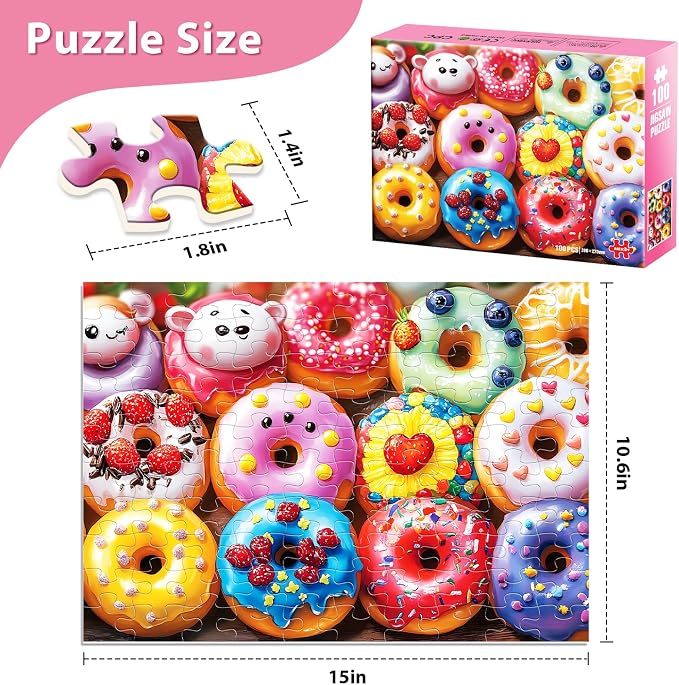 Jeaiciro 100 Piece Puzzles for Kids Ages 4-6 6-8 8-10, Colorful Donuts Jigsaw Puzzle Educational Toy for Kids Ages 5-8 Large Piece Puzzles for Seniors & Adults Fun Family Activity Gift for Child